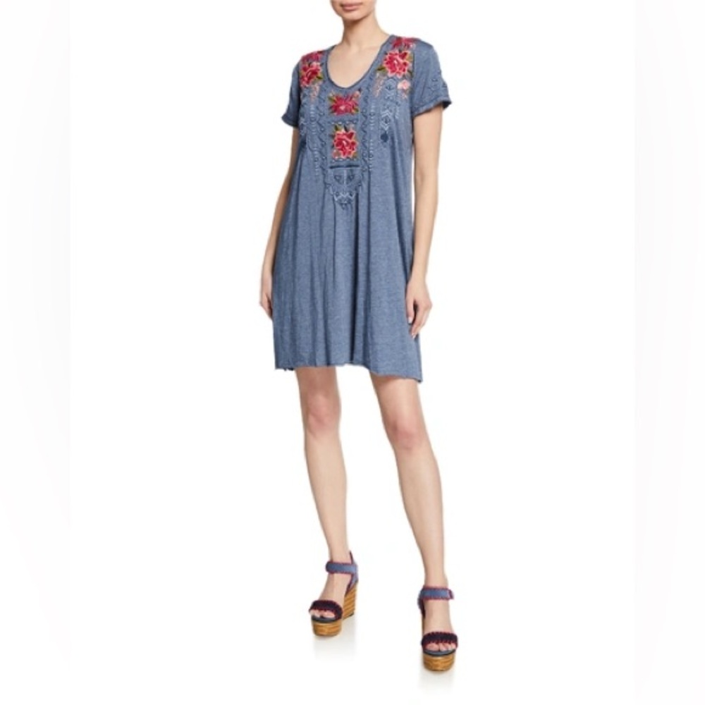 Johnny Was "Davis" jersey short sleeve dress with embroidery size large